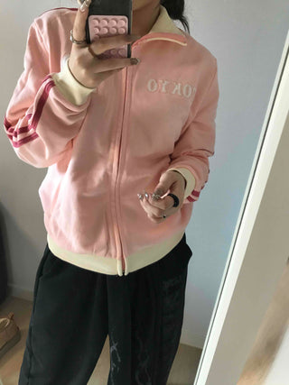 Sporty color-blocked diagonal line zip-up