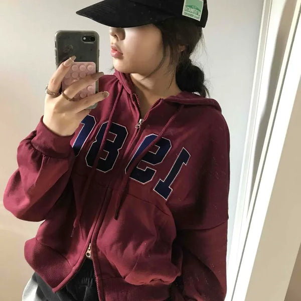 Campus Mood Lettering Loose Fit Crop Zip-Up Hoodie