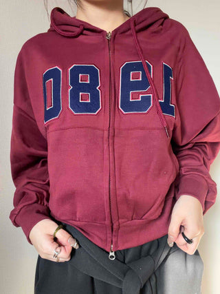 Campus Mood Lettering Loose Fit Crop Zip-Up Hoodie