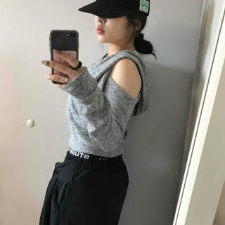 Cold Shoulder Hooded Rib Crop Knit