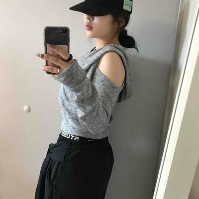 Cold Shoulder Hooded Rib Crop Knit