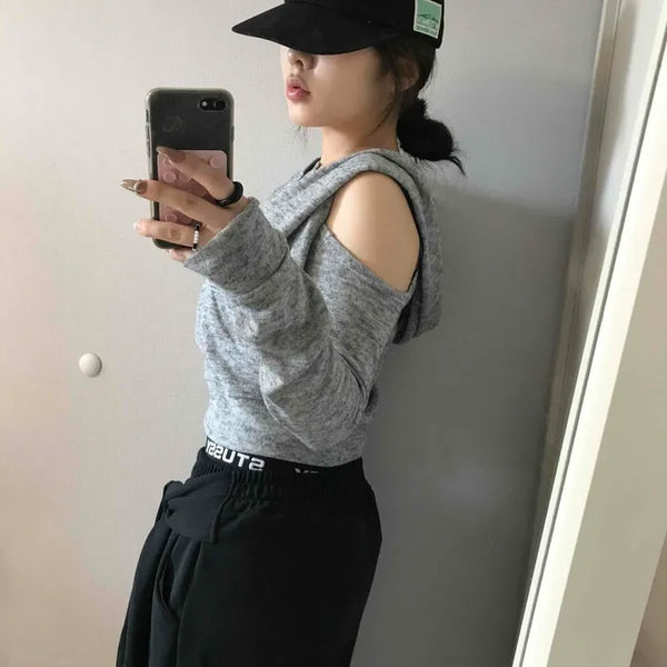 Cold Shoulder Hooded Rib Crop Knit