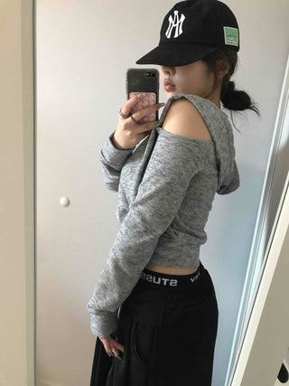 Cold Shoulder Hooded Rib Crop Knit