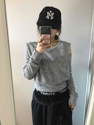 Cold Shoulder Hooded Rib Crop Knit