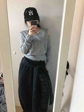 Cold Shoulder Hooded Rib Crop Knit