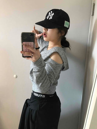 Cold Shoulder Hooded Rib Crop Knit