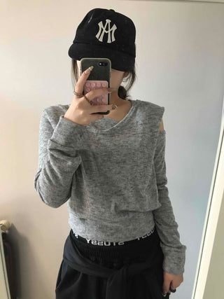 Cold Shoulder Hooded Rib Crop Knit