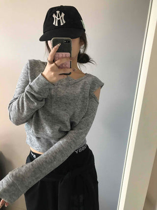 Cold Shoulder Hooded Rib Crop Knit