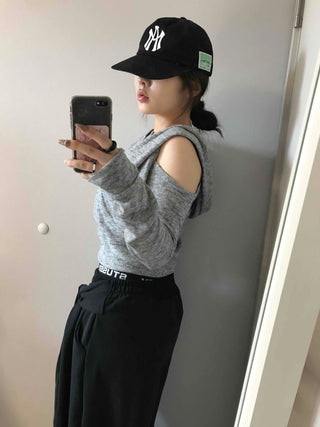 Cold Shoulder Hooded Rib Crop Knit