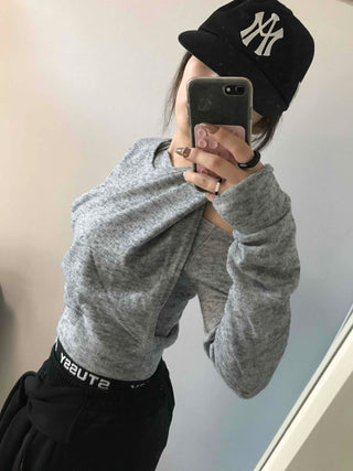 Cold Shoulder Hooded Rib Crop Knit