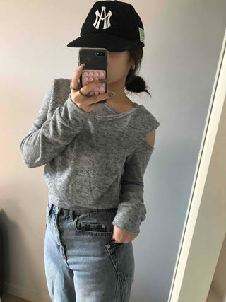 Cold Shoulder Hooded Rib Crop Knit