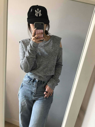 Cold Shoulder Hooded Rib Crop Knit
