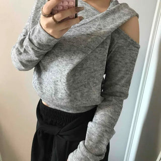 Cold Shoulder Hooded Rib Crop Knit
