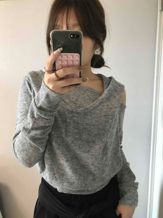 Cold Shoulder Hooded Rib Crop Knit