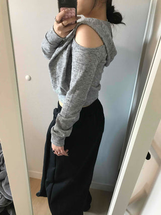 Cold Shoulder Hooded Rib Crop Knit