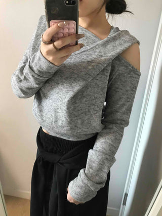 Cold Shoulder Hooded Rib Crop Knit