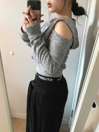 Cold Shoulder Hooded Rib Crop Knit