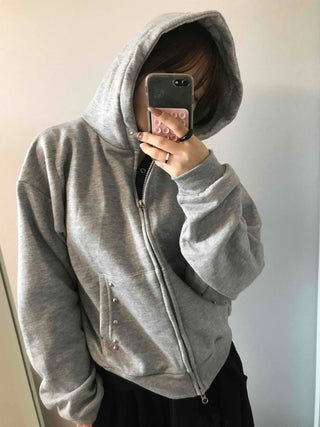 Layered Over-the-Shoulder Half Neck Balloon Fit Zip-Up