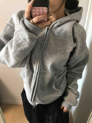 Layered Over-the-Shoulder Half Neck Balloon Fit Zip-Up