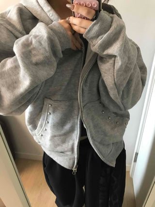 Layered Over-the-Shoulder Half Neck Balloon Fit Zip-Up