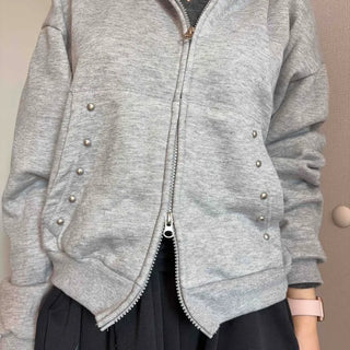 Layered Over-the-Shoulder Half Neck Balloon Fit Zip-Up