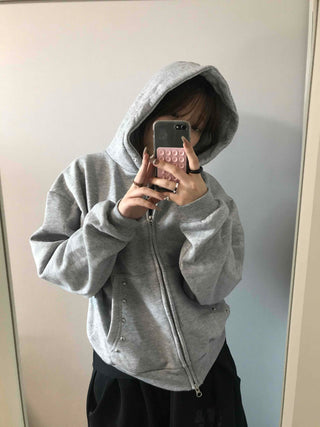 Layered Over-the-Shoulder Half Neck Balloon Fit Zip-Up