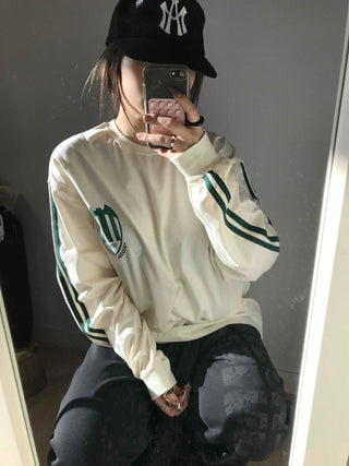 Sporty Lettering Contrast Line Oversized Long Sleeve Tee