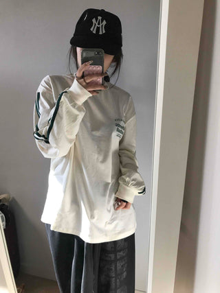 Sporty Lettering Contrast Line Oversized Long Sleeve Tee
