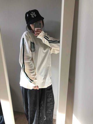 Sporty Lettering Contrast Line Oversized Long Sleeve Tee