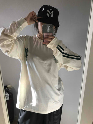 Sporty Lettering Contrast Line Oversized Long Sleeve Tee