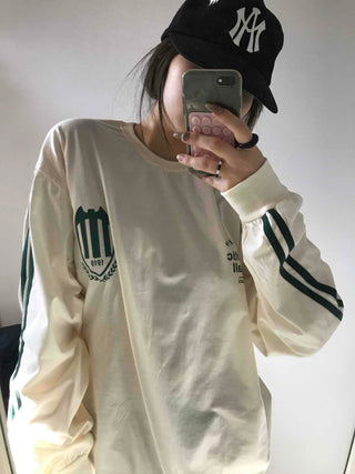 Sporty Lettering Contrast Line Oversized Long Sleeve Tee