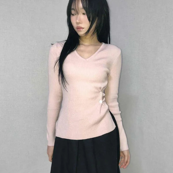 Point Ribbon Slim Fit V-Neck Ribbed Knit