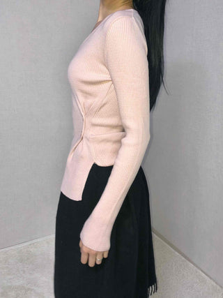 Point Ribbon Slim Fit V-Neck Ribbed Knit