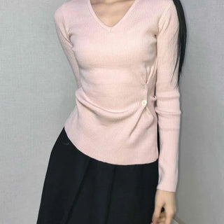 Point Ribbon Slim Fit V-Neck Ribbed Knit