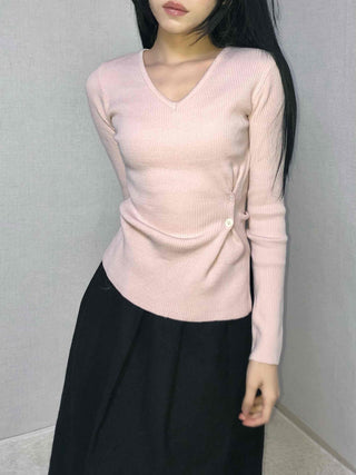 Point Ribbon Slim Fit V-Neck Ribbed Knit