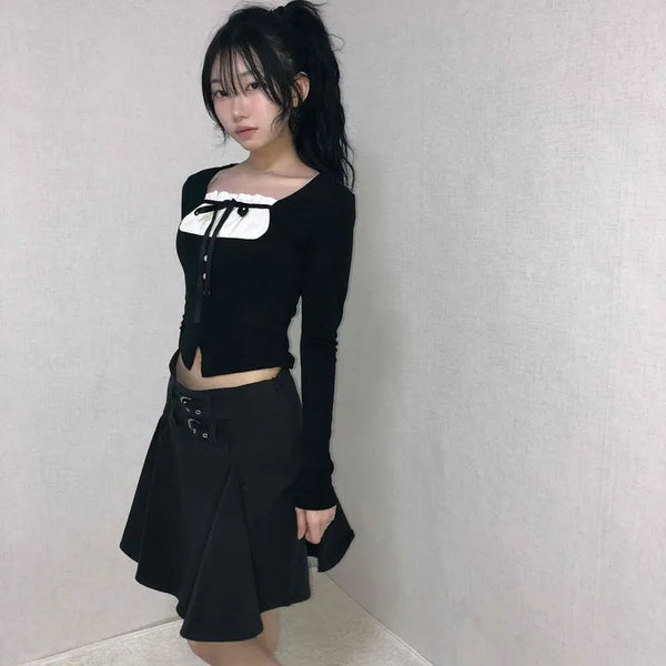 Lace-up Pleated Layered Asymmetrical Midi Skirt