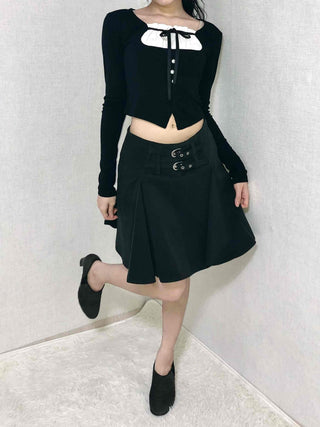 Lace-up Pleated Layered Asymmetrical Midi Skirt