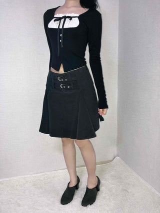 Lace-up Pleated Layered Asymmetrical Midi Skirt