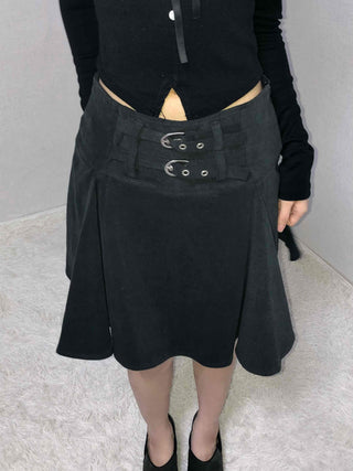 Lace-up Pleated Layered Asymmetrical Midi Skirt