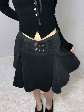 Lace-up Pleated Layered Asymmetrical Midi Skirt