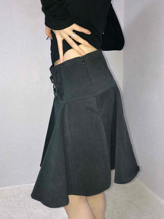 Lace-up Pleated Layered Asymmetrical Midi Skirt