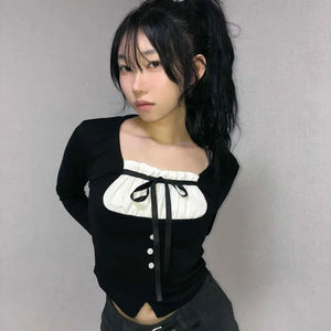 Frill Ribbon Square Neck Crop Long Sleeve T-shirt