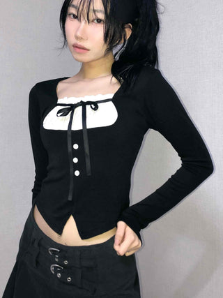Frill Ribbon Square Neck Crop Long Sleeve T-shirt