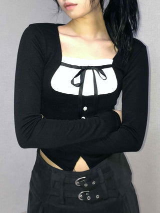 Frill Ribbon Square Neck Crop Long Sleeve T-shirt