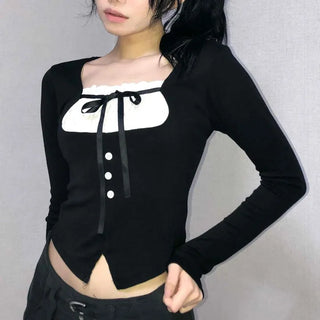 Frill Ribbon Square Neck Crop Long Sleeve T-shirt