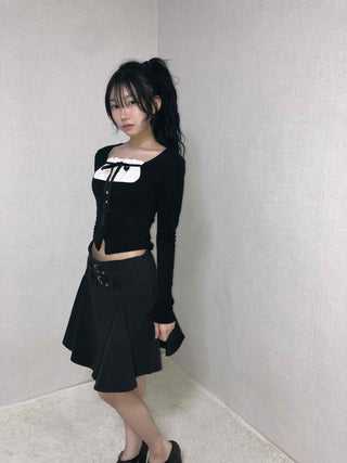 Frill Ribbon Square Neck Crop Long Sleeve T-shirt