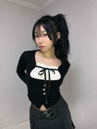 Frill Ribbon Square Neck Crop Long Sleeve T-shirt
