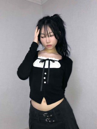Frill Ribbon Square Neck Crop Long Sleeve T-shirt