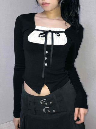 Frill Ribbon Square Neck Crop Long Sleeve T-shirt