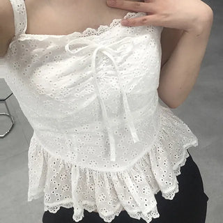Doori Punching Lace Ribbon Sleeveless Top